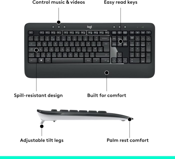 Logitech MK540 Advanced Wireless Keyboard and Mouse Combo for Windows, 2.4 GHz Unifying USB-Receiver, Multimedia Hotkeys, 3-Year Battery Life, for PC, Laptop, INTL Layout - Black - Image 6