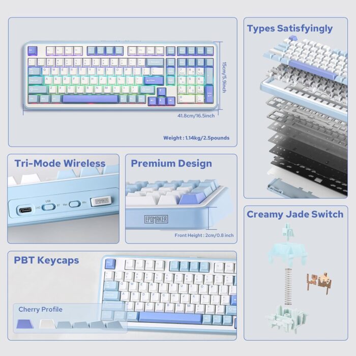 EPOMAKER TH99 Tri-Mode Wireless Mechanical Keyboard with 8000mAh Battery, Hot Swappable Custom RGB Gaming Keyboard with Numpad, Gasket Creamy for PC/Mac/Office(Blue&White) - Image 2