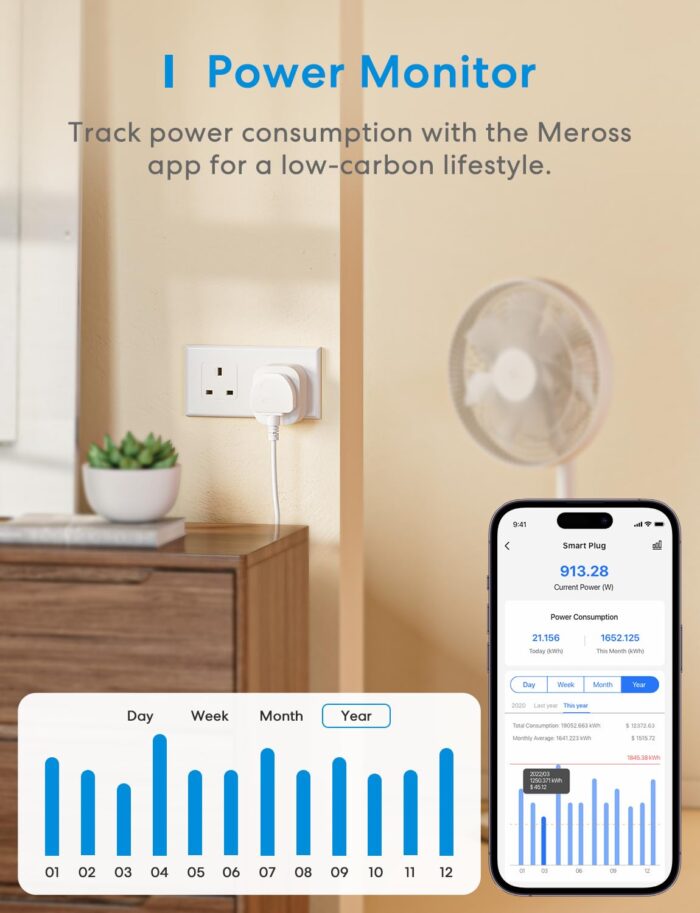 Meross Smart Plug with Energy Monitoring, Mini Smart WiFi Plug Work with Alexa, Google Home, SmartThings, Smart Socket Remote Control Timer Plug, No Hub Required, 13A, 4 Packs - Image 2