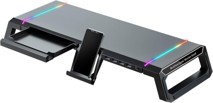 NALACAL RGB Gaming Computer Monitor Stand Riser – 4 USB 3.0 Hub, 3 Length Adjustable, Laptop Desk Shelf with Storage Drawer and Tablet Phone Holder, Desk Organizers for Desktop, Printer (Black)