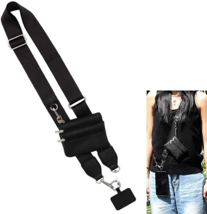 Phone Strap with Zippered Pouch, Anti Theft Clip and Go phone Strap with Zipper Wallet, Crossbody Cell Phone Lanyard Neck Wristlet Strap Chain String Phone Accessories for Women, Black, other
