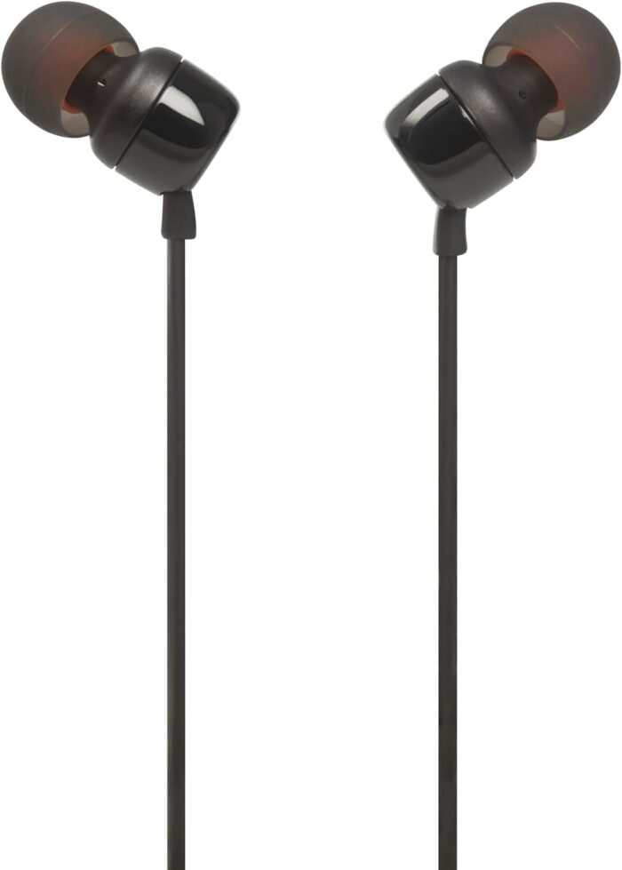 JBL Tune 110 Wired In-Ear Headphones, Deep and Powerful Pure Bass Sound, 1-Button Remote/Mic, Tangle-Free Flat Cable, Ultra Comfortable Fit – Black, JBLT110BLK