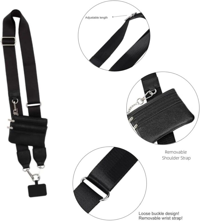 Phone Strap with Zippered Pouch, Anti Theft Clip and Go phone Strap with Zipper Wallet, Crossbody Cell Phone Lanyard Neck Wristlet Strap Chain String Phone Accessories for Women, Black, other - Image 4
