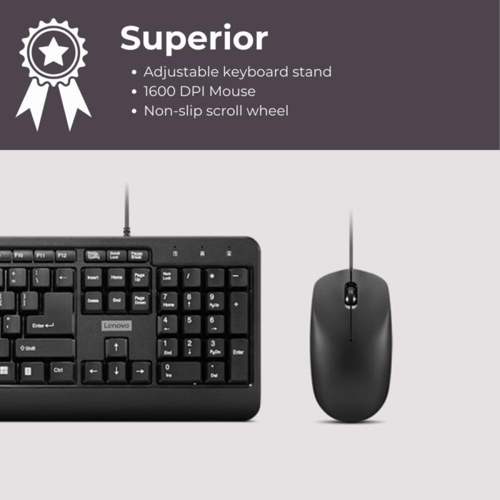 Lenovo 160 Keyboard & Mouse Wired Combo | Waterproof Exoskeleton | Splash Proof Keys | 1600 DPI Full Size Mouse | Non-Slip Scroll Wheel | Adjustable Keyboard Stand | 3 Yr Warranty - Image 3