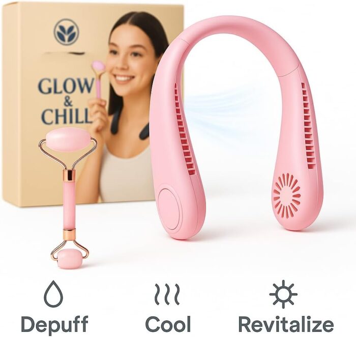 Neck Cooling Fan & Ice Face Roller | 2-in-1 Wellness & Beauty Kit for Daily Use, Travel, Sports & Skincare Refresh | Gift Set for Women, Men & Teens (Pink) - Image 8