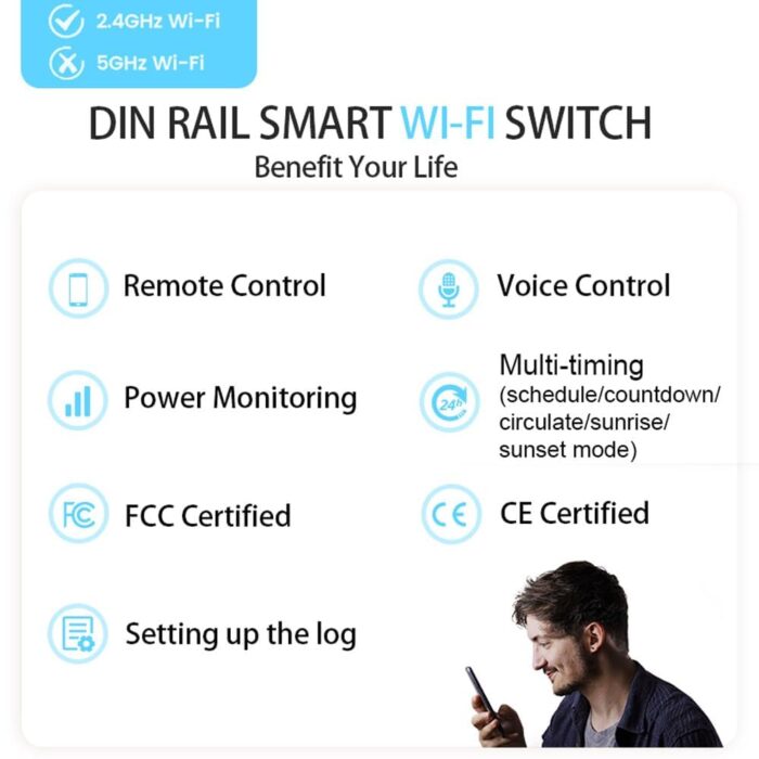 DIY 1P+N Smart Wi-Fi Switch, 16A Smart WiFi Circuit Breaker with Energy Monitor, Smart Life/Tuya APP Remote Control, Timer Functions, DIN Rail Mounted, Compatible with Alexa and Google Assistant - Image 2