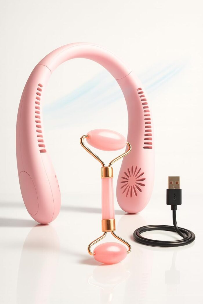 Neck Cooling Fan & Ice Face Roller | 2-in-1 Wellness & Beauty Kit for Daily Use, Travel, Sports & Skincare Refresh | Gift Set for Women, Men & Teens (Pink)