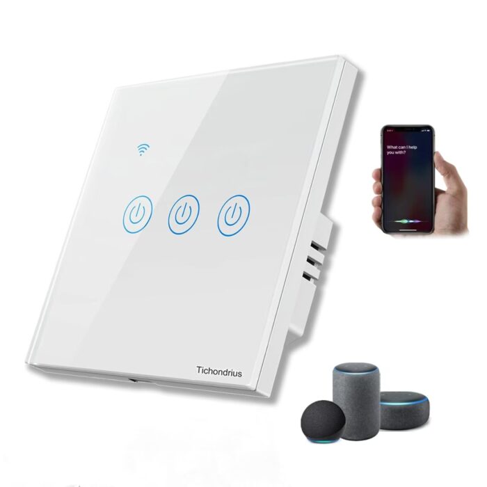 Tichondrius WiFi Smart Wall Light Switch, No Neutral Wire Required, No Hub Required, Compatible with Alexa and Google Home, APP Remote Control, Timing Function, Voice Control (White, 3 Gang)