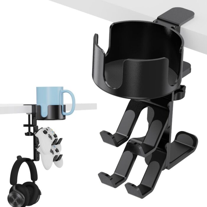 MIKUER 360° Rotating Desk Controller Headphone Holder – Larger Desk Cup Holder with Adjustable Headset Hanger Controller Stand | Clamp On Desk Organizer | Gaming Desk Accessories