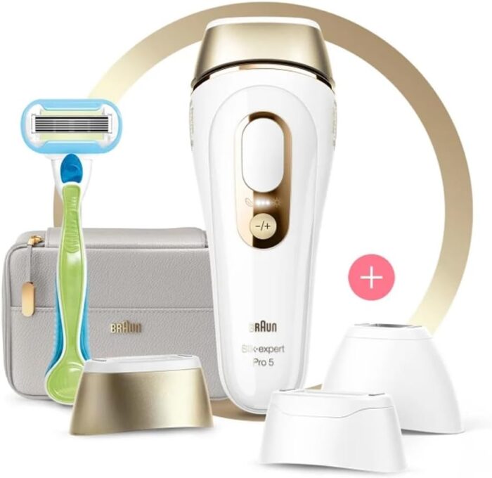 Braun Silk·expert Pro 5, At-Home Laser, IPL Hair Removal Device, Permanent Visible Hair Removal, 1 Standard & 1 Precision & 1 Wide Head & Venus Razor, Gift for Women, PL5257, White/Gold - Image 2
