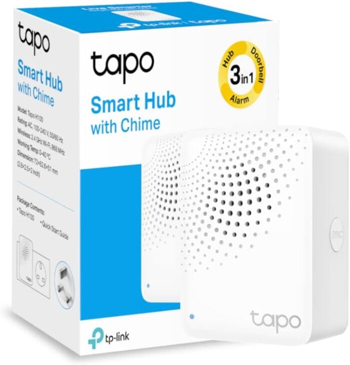Tapo H100 Smart Hub with Chime, Works with Tapo Doorbell Camera, Smart Switch, Button and Sensor,Whole-Home Coverage,Connect Up to 64 Devices,19 Ringtones,Energy-Efficient, Quick and Easy Setup