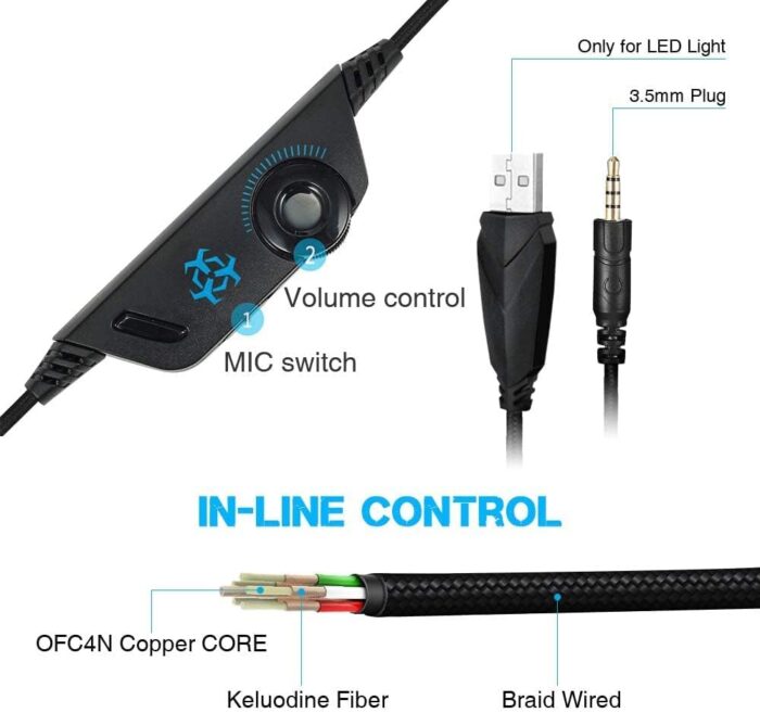 U UiiSii PC Gaming Headset with Microphone Wired Xbox Headset with mic PS4 Gaming Headphones with Microphone Gamer PS4 Headset with Mic Stereo Sound & LED Light Noise Cancelling for Switch Computer - Image 9