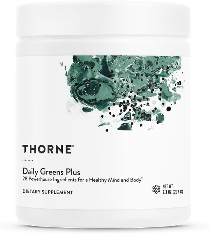 THORNE Daily Greens Plus – Comprehensive Greens Powder with Matcha, Spirulina, Moringa and Adaptogen, Mushroom and Antioxidant blends – Refreshing, Mint Flavor 204 grams – 30 Servings