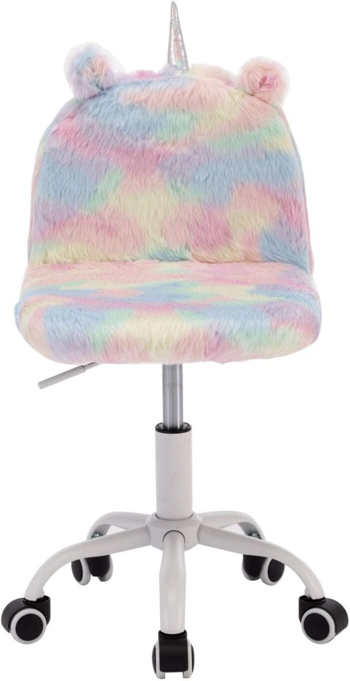 DM Furniture Cute Fuzzy Kids Chair Funny Rolling Study Desk Chair Colorful Girls Vanity Swivel Chair with White Foot