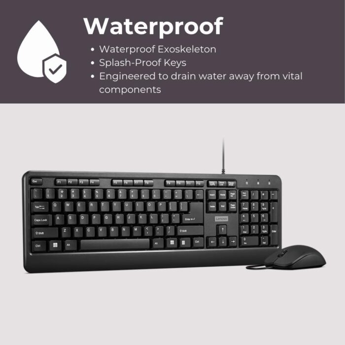 Lenovo 160 Keyboard & Mouse Wired Combo | Waterproof Exoskeleton | Splash Proof Keys | 1600 DPI Full Size Mouse | Non-Slip Scroll Wheel | Adjustable Keyboard Stand | 3 Yr Warranty - Image 2