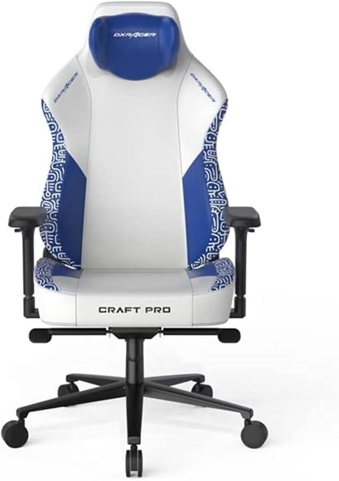DXRacer Craft Pro Stripes-3 Gaming Chair, Extra Wide And Thick Seat Cushion, Adjustable Armrests, Anti-Pinch Hand Protective Cover, Memory Foam Headrest – White & Blue