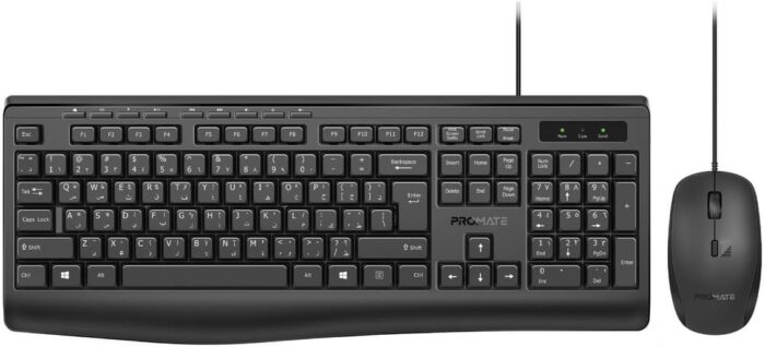 Promate Wired Keyboard and Mouse Combo, Ergonomic Slim Full-Size Quiet Keyboard, 2400 DPI Ambidextrous Mouse, Spill-Resistance, Media Keys, Plug and Play for iMac, MacBook Pro, Dell, Combo-CM4 – EN/AR