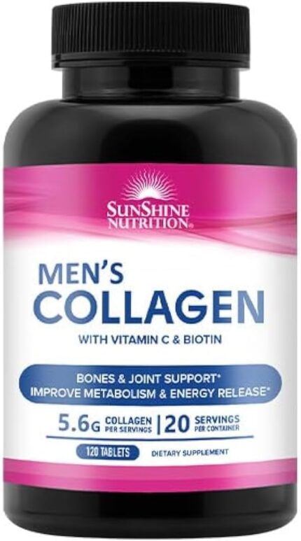 Sunshine Nutrition Men’s Collagen With Vitamin C & Biotin | 5.6G Collagen | For Bones & Joint Support | Improves Metabolism & Release Energy | 120 Tablets