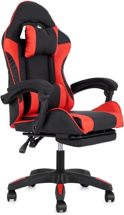Multi Home Furniture Black & Red Gaming Chair | Ergonomic Chair High-Back Recliner Chair with Adjustable Footrest & Armrest | Racing-Style Office Chair with Lumbar & Headrest Support for Gaming Setup