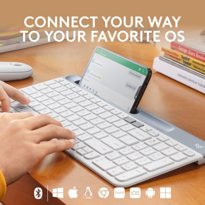 Logitech K580 Slim Multi-Device Wireless Keyboard - Bluetooth/Receiver, Compact, Easy Switch, 24 Month Battery, Win/Mac, Desktop, Tablet,Smartphone, Laptop Compatible, English+Arabic Keyboard - White - Image 2