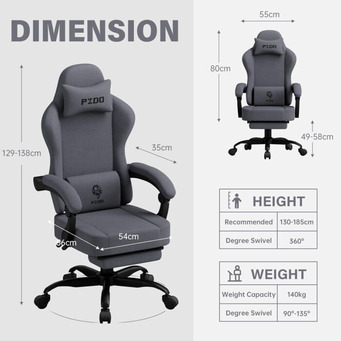 PZDO Ergonomic Gamer Chair Gaming Chair for Adults, Gaming Chair with footrest, Technical Fabric Office Chairs with Lumbar Support Height Adjustable, Teens, Gift, 150kg, Grey - Image 3