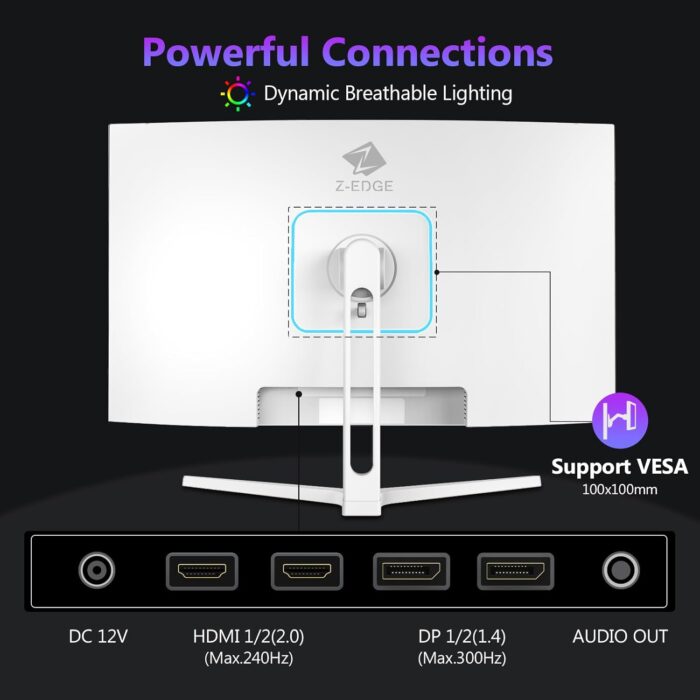 Z-EDGE 27-inch Curved Gaming Monitor - 16:9 Full HD 1920x1080, 300Hz Refresh Rate, 1ms Response Time, Frameless LED Display, AMD FreeSync Premium - DisplayPort & HDMI Ports UG27H White - Image 6