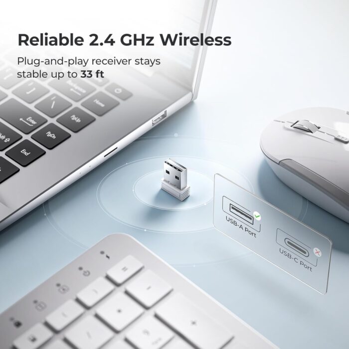 iClever GK08 Wireless Keyboard and Mouse Combo - Full-Size Ergonomic Keyboard with Number Pad, 2.4G USB, Quiet Click, 3-Level DPI, Rechargeable, Slim Design for Windows/Mac, Silver - Image 5