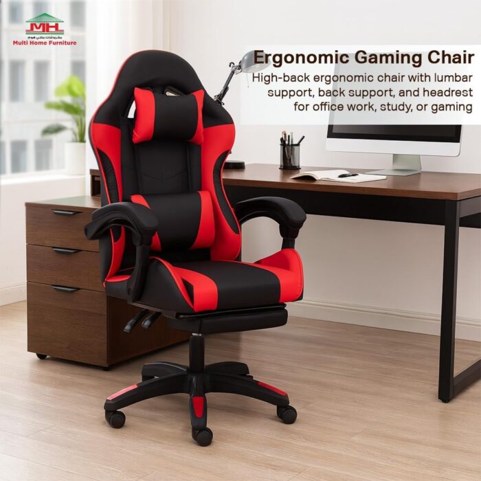 Multi Home Furniture Black & Red Gaming Chair | Ergonomic Chair High-Back Recliner Chair with Adjustable Footrest & Armrest | Racing-Style Office Chair with Lumbar & Headrest Support for Gaming Setup - Image 3