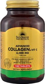 Sunshine Nutrition Advanced Collagen + Vitamin C 6000Mg 100 Tablets | For Hair, Skin, Nail & Bone Health | Dietary Supplement