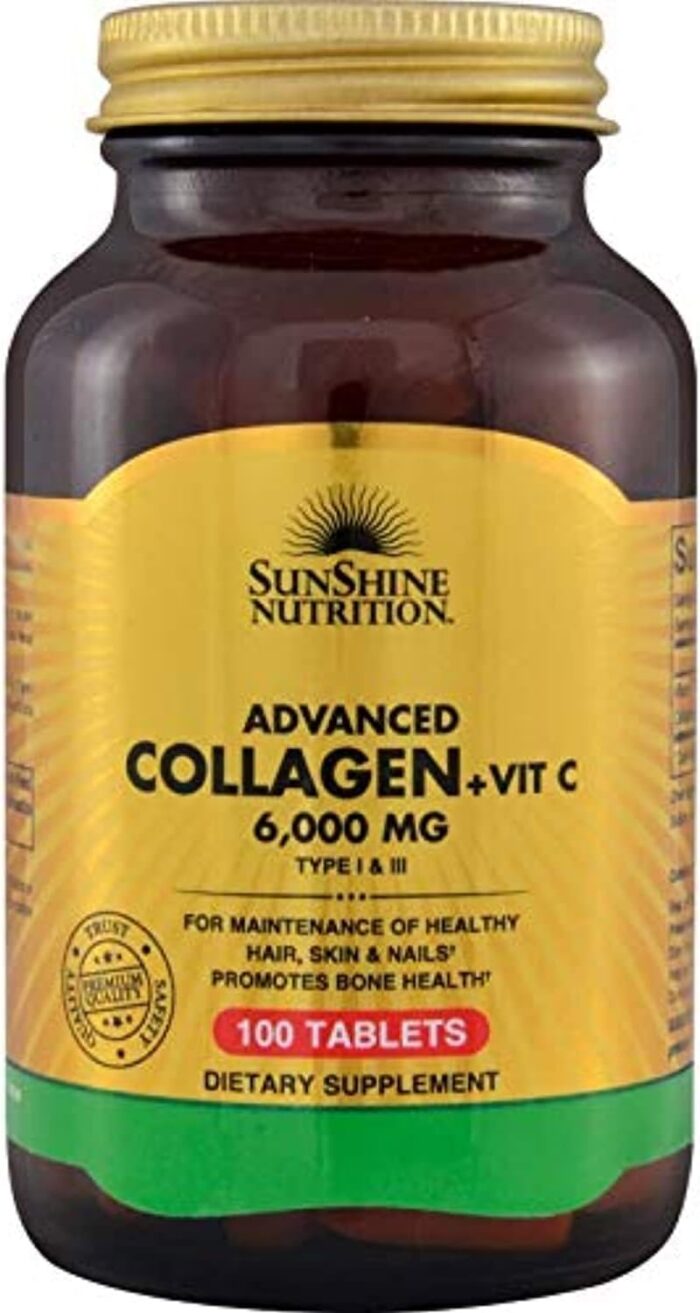 Sunshine Nutrition Advanced Collagen + Vitamin C 6000Mg 100 Tablets | For Hair, Skin, Nail & Bone Health | Dietary Supplement