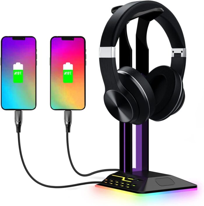 BIGTHREE RGB Headphone Stand, Gaming Headset Holder with 2 USB Charger, Cool Gaming Accessories Headset Stand, LED Headset Holder for PC Gamer Headphone Accessories
