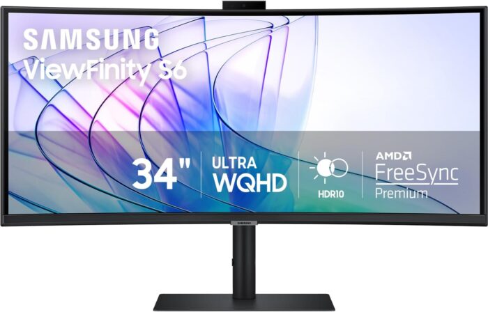 SAMSUNG 34” ViewFinity S65VC Series Ultrawide QHD Curved Monitor, Built-in FHD Camera, HDR10, 100Hz, 350 nit, USB- C, Adjustable Stand, Intelligent Eye Care, LS34C650VANXGO, Black
