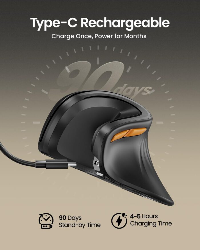 ProtoArc Ergonomic Mouse, EM11 NL Bluetooth Rechargeable Wireless Vertical Mouse, 3 Multi-Device Connectivity for Computer/PC/Laptop, 2.4GHz Optical Mice for Windows, Mac OS, Black - Image 3