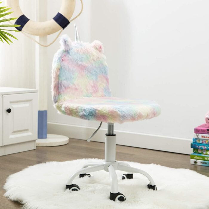 DM Furniture Cute Fuzzy Kids Chair Funny Rolling Study Desk Chair Colorful Girls Vanity Swivel Chair with White Foot - Image 2