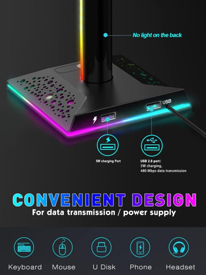 VCOM RGB Headphone Stand with 10 Light Modes, Gaming Controller Holder with 2 USB Ports, PC Gaming Accessories for Desk, Universal Organizer Headpsets/Xbox PS5 Controller Stand Gamer gifts - Image 4