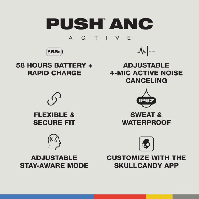 Skullcandy Push ANC Active Wireless Bluetooth In-Ear Earphones with Microphone, 58 Hours Runtime, IP67 Waterproof, Wireless Charging, Compatible with iPhone and Android – True Black - Image 4