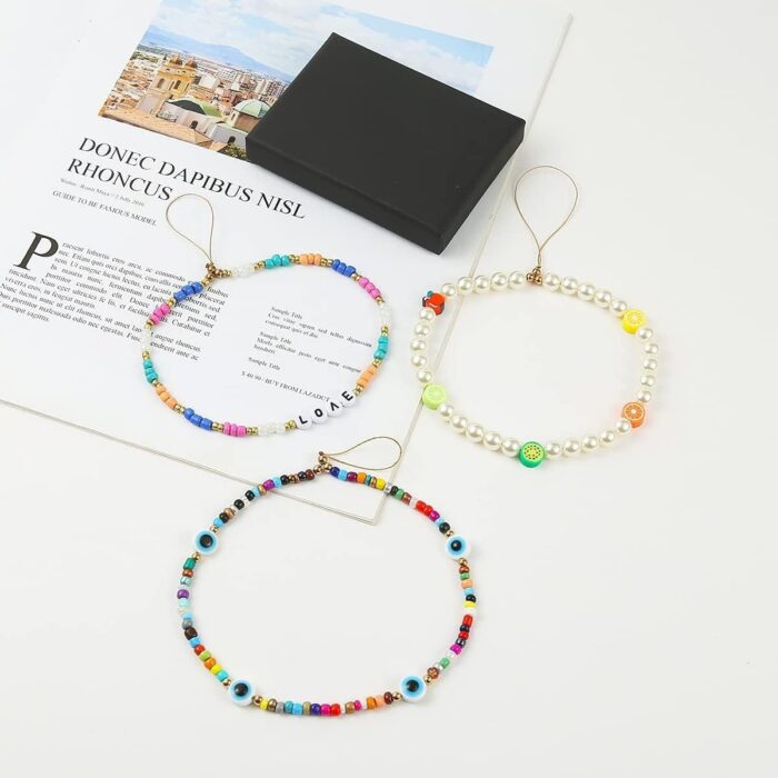 Wawasia Smiley Face Beaded Phone Lanyard, Mobile Phone Charm Wrist Strap, Fruit Star Letter Pearl Handmade Rainbow Polymer Clay Acrylic Beads Pearl Bracelet Keychain for Girls Women, 6 PCS - Image 3