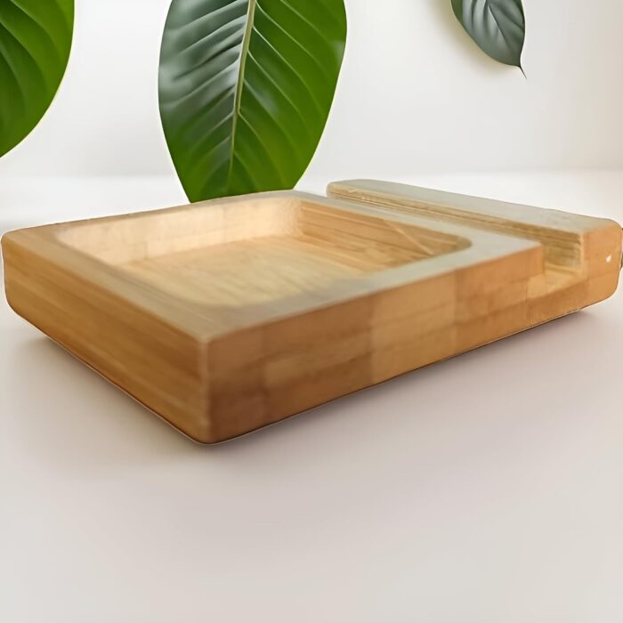 Bamboo Wooden Mobile Phone Stand with Tray | Elegant and Functional Desk Organizer | Natural Wood Smartphone Holder with Slot Tray for Keys, Coins and Accessories(Tray Stand) - Image 8