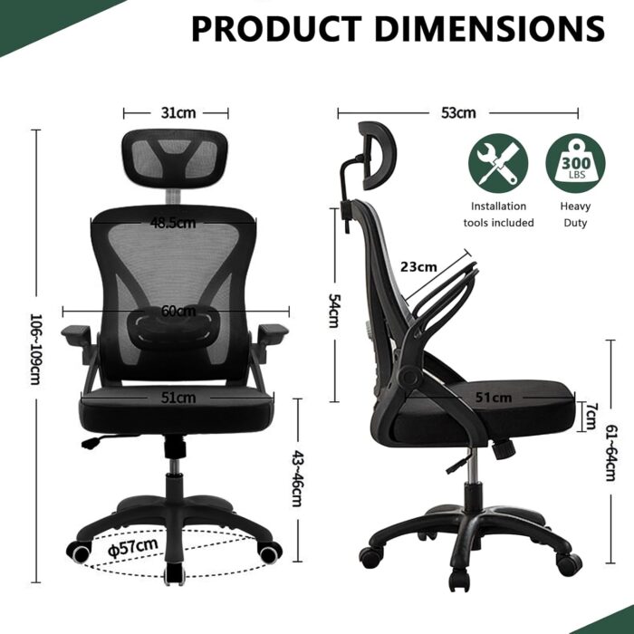 Ergonomic Office Chair, Computer Desk Chair, Mesh Rolling Work Chairs with Wheels and Adjustable Headrests, Comfortable Lumbar Support Gaming Chair, Comfy Flip-up Arms for Home,Bedroom,Study, Black - Image 2