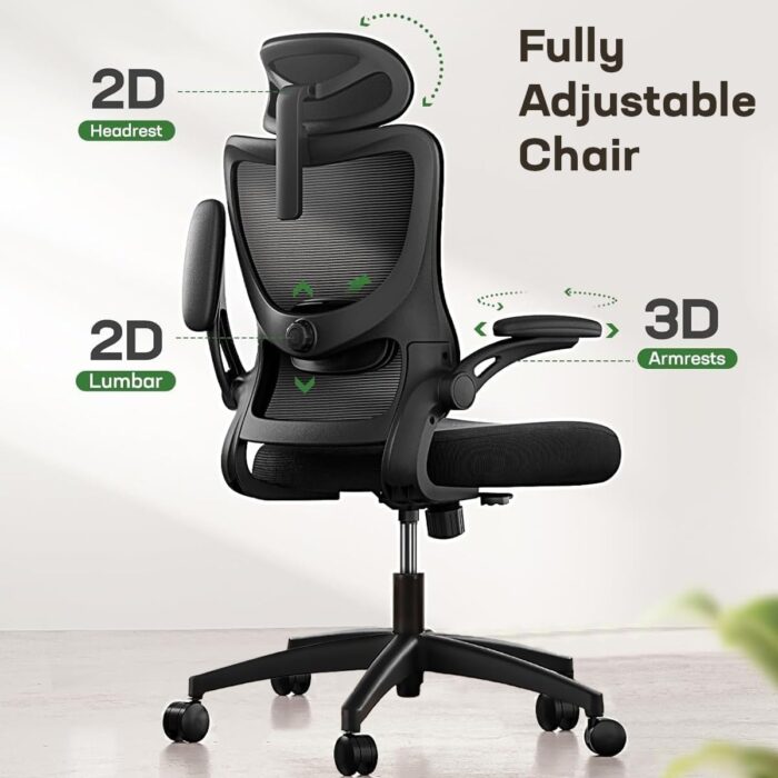 LAVORO ART Ergonomic Office Chair Computer Desk Chair Hold up to 135 Kg High Back Mesh and Adjustable Lumbar Support Rolling Home Office Desk Chairs Comfortable Gaming Work Wheel 3D Armrests Headrest - Image 3