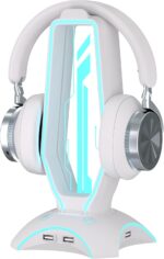 jomtown RGB Headphone Stand White and Gaming Headset Stand with 3-USB Hub, Featuring 6 LED colors + Breathing Light Mode, suitable for various places,The Ultimate Gaming Accessory for Gamer