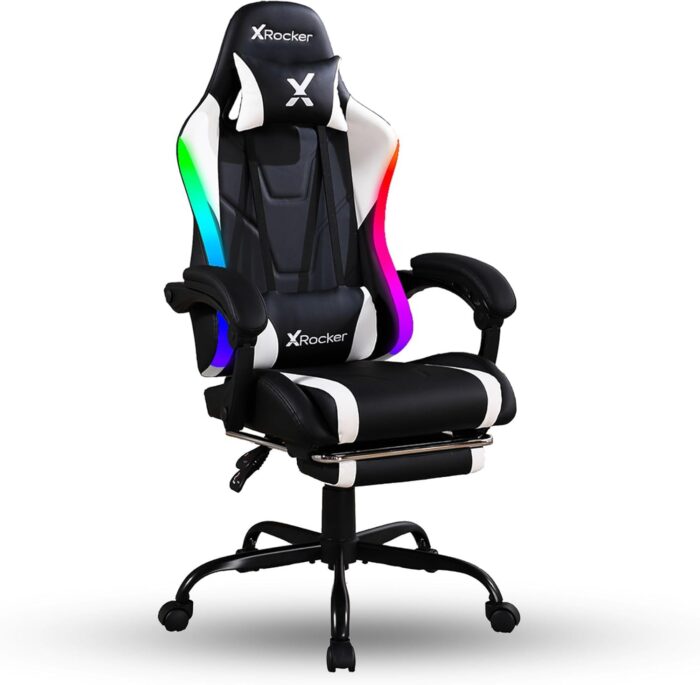 X Rocker Achiever PC Video Gaming Chair, RGB LED Lighting, Adjustable Ergonomic Office Desk Chair for Computer Gamers with Wheels, Black & White