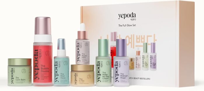 Yepoda The Full Glow Set, Must-Have K-Beauty, 7-Piece Skincare Set with Cleansing Products, Toner Spray, Serum, Mask and Creams, Vegan Skin Care for All Skin Types