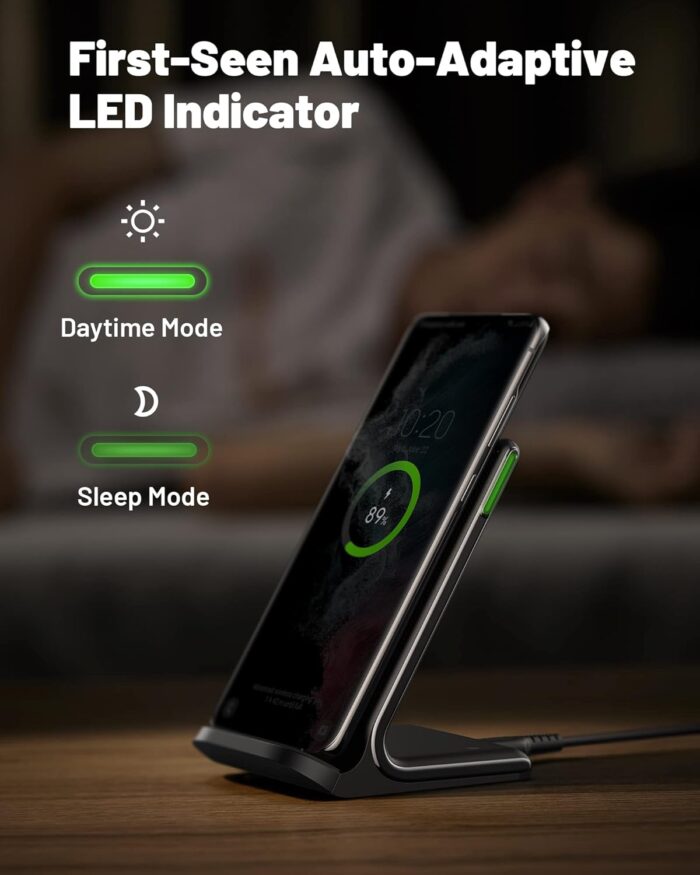 INIU Wireless Charger Stand, 15W Qi Certified Fast Wireless Charging Station with Sleep-Friendly Adaptive Light for iPhone 16 15 14 13 Pro XS 8 Plus Samsung Galaxy S25 S24 S23 Note 20 Google etc. - Image 3