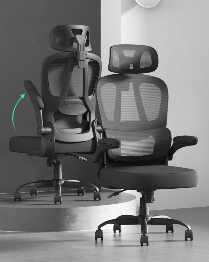 Submi Office Chair Ergonomic Office Chair with Flip-up Armrest & Headreat, Mesh Computer Chairs for Adult and Teens, Height Adjustable Home PC Work Chair with Lumbar Support, 350lbs, Black