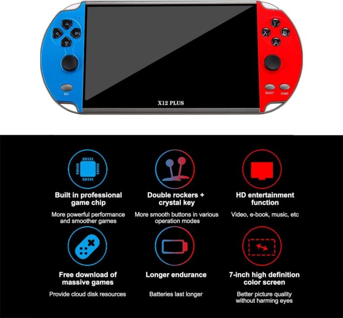 REBENUO Portable Game Console X12 Plus 7 inch 16GB Handheld Double Joystick Game Controller Supports AV Output TF Card Music E-book - Image 4