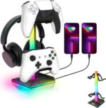 0TO1 TECH Gaming Accessories Stand, Headset Stand, Dual USB Ports, 10 Light Modes, Plus Mating PC Gaming Accessories At the Bottom, Suitable for Headsets /PS5 Controllers/Mobile Phones, Etc