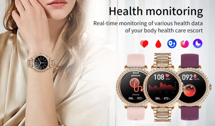 Smart Watches for Women (Answer/Make Call) with Diamonds, 1.3”HD Screen Bluetooth Smartwatch for Android iOS Phones, IP68 Waterproof Fitness Activity Trackers with Heart Rate/SpO2/BP/Sleep Monitor - Image 5