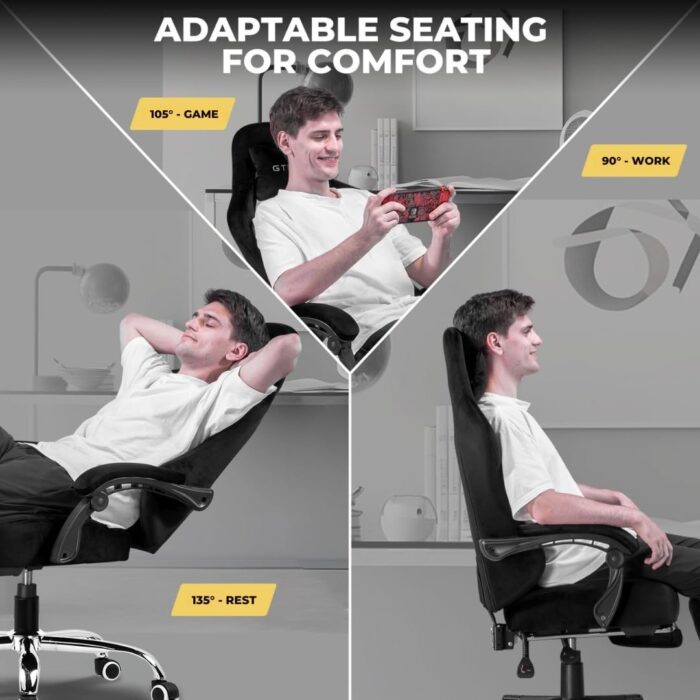 GTPLAYER Gaming Chair - Breathable Fabric with Pocket Spring Cushion and Linkage Armrests, High Back Ergonomic with Lumbar Support and Footrest (Velvet Black) - Image 9