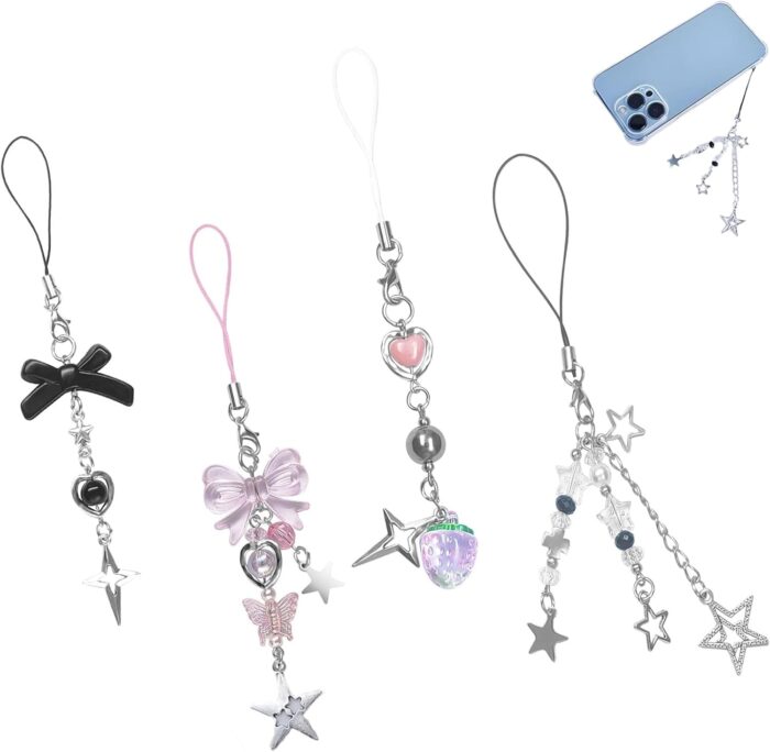Duomama Cute Phone Charms Set – Strawberry, Butterfly, Star, Pink Aesthetic Accessories for Phone, Bag, Keychain,Camera – Decorate in Style